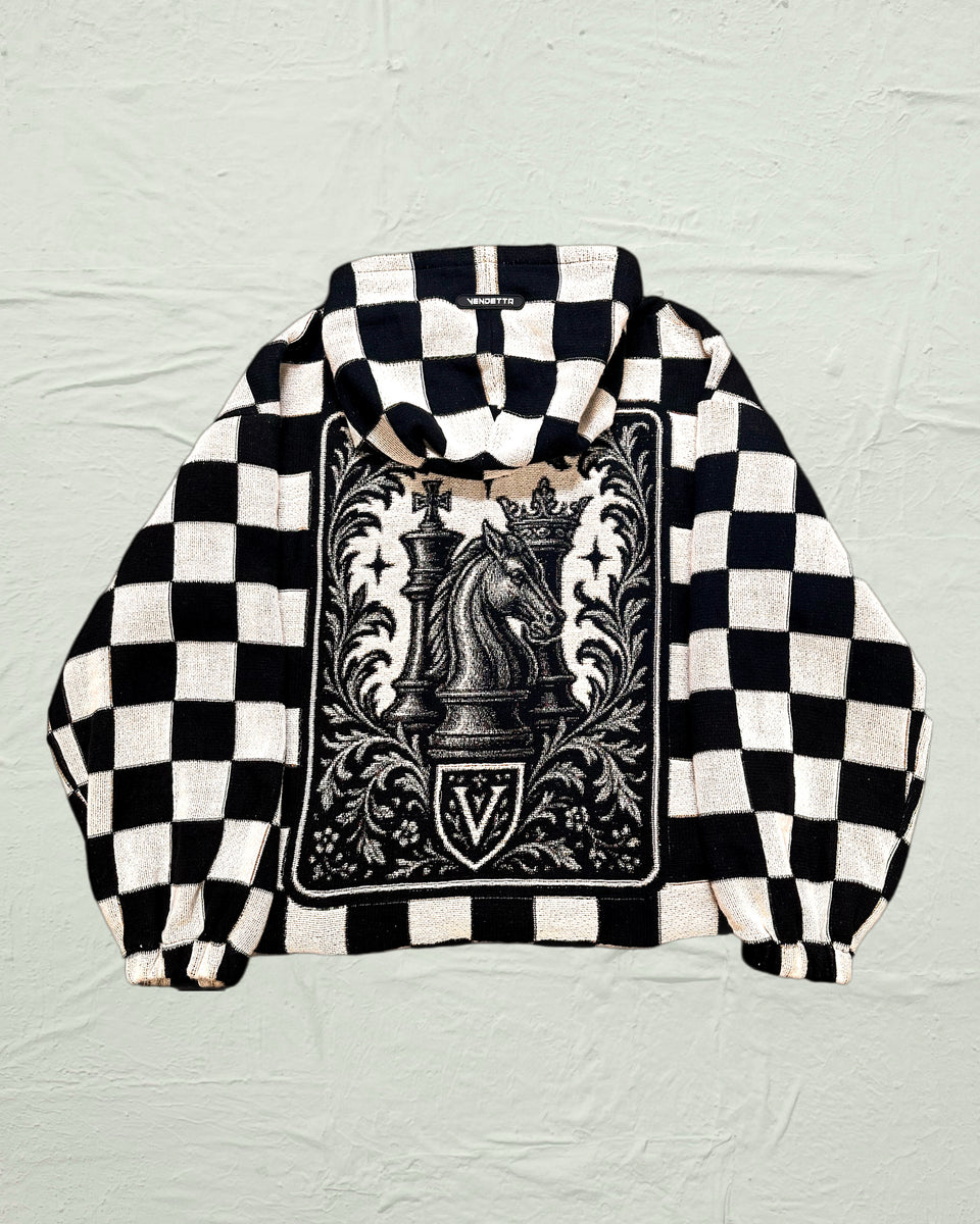 VA-SS25-BL06 CHECKMATE FULL TAPESTRY HOODIE – VENDETTA ARCHIVE