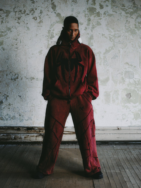 VOL.002 // Blood Red Stonewashed Spider Wide Leg Sweatpants