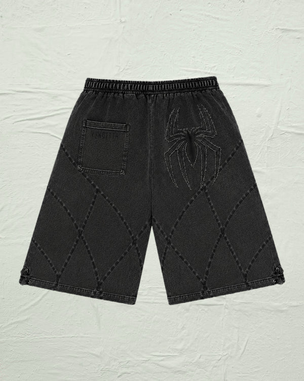 Grey Stonewashed Spider Webbed Panal Shorts