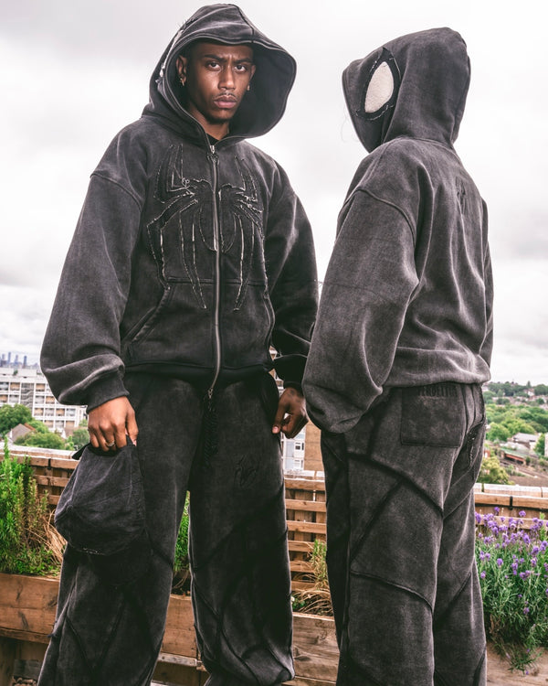 Grey Stonewashed Spider Wide Leg Sweatpants