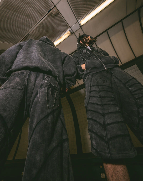 Grey Stonewashed Spider Webbed Panal Shorts