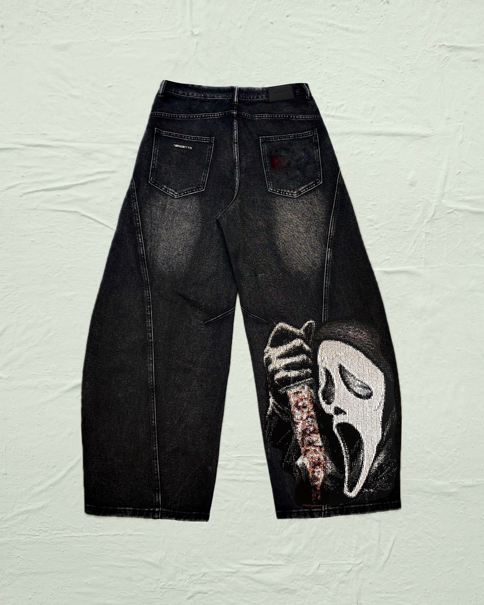VA-SS25-BL019 GHOSTFACE BARREL JEANS – VENDETTA ARCHIVE