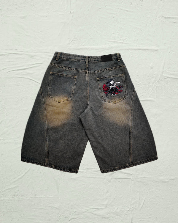 VA-SS25-BL21 REAPER EMBROIDERY DENIM JORTS