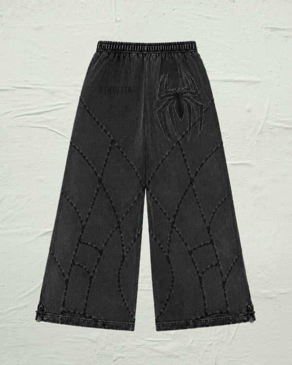 Grey Stonewashed Spider Wide Leg Sweatpants