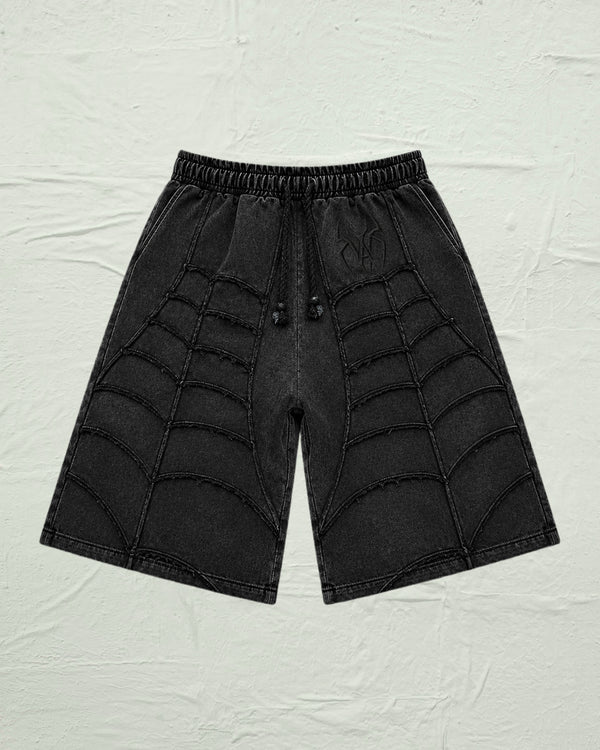Grey Stonewashed Spider Webbed Panal Shorts